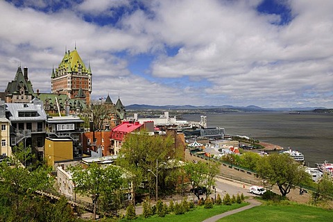 View towards Chateau Frontenac, the harbour and the St. Lawrence River, Quebec City, Quebec, Canada