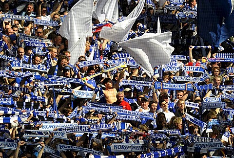 Schalke soccer fans standing in the Nordkurve fan block, Gelsenkirchen, North Rhine-Westphalia, Germany, Europe