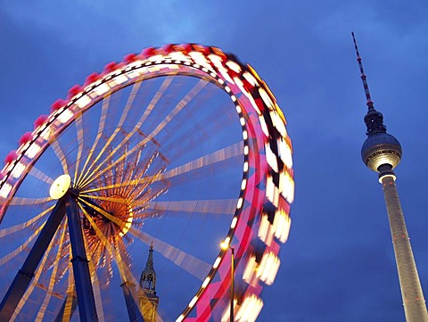 Ferris wheel and TV Tower at night, Berlin, Germany, Europe