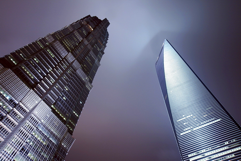 Illuminated Jin Mao Tower and Shanghai World Financial Center at night, SWFC Building, Shanghai, China, Asia