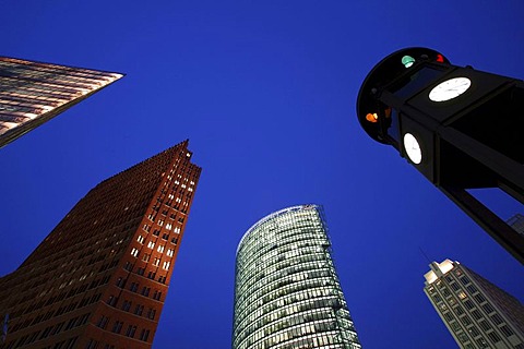 BahnTower, Kollhoff-Tower and other skyscrapers at Potsdamer Platz square, Berlin, Germany, Europe