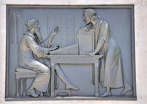 Relief artwork on the memorial to Johannes Gutenberg by Bertel Thorvaldsen, Gutenbergplatz square, Mainz, Rhineland-Palatinate, Germany, Europe