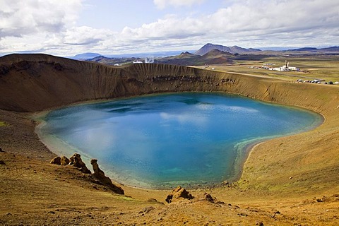 View from the Viti explosion crater over the Krafla Geothermal Area, Lake MËvatn area, Northern Iceland, Iceland, Europe