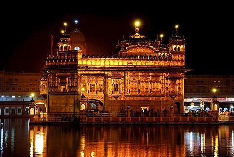 Golden Temple, night, reflection, Amritsar, India, Asia