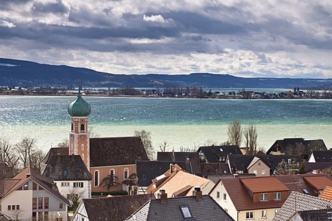 Allensbach with St. Nicholas church and Gnadensee lake, Allensbach, Reichenau, Landkreis Konstanz county, Baden-Wuerttemberg, Germany, Europe