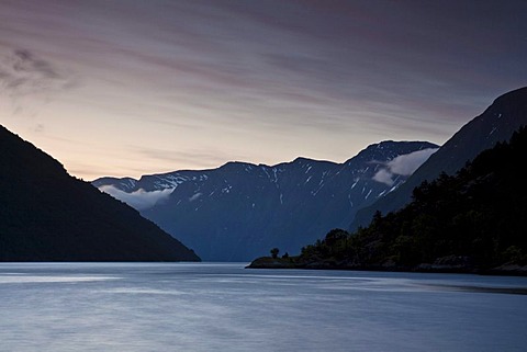 View of the beginning of the Sunnylvsfjorden from Hellesylt after midnight, Norway, Scandinavia, Europe