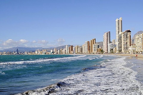 Sea, skyscrapers, Playa de Levante, Levante, beach, Benidorm, Costa Blanca, Alicante province, Spain, Europe