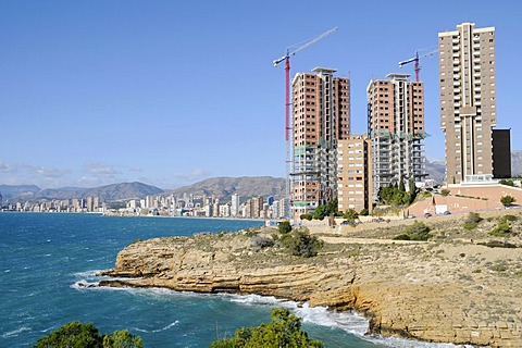 Sea, skyscrapers, construction site, construction boom, Playa de Levante, Levante, beach, Benidorm, Costa Blanca, Alicante province, Spain, Europe