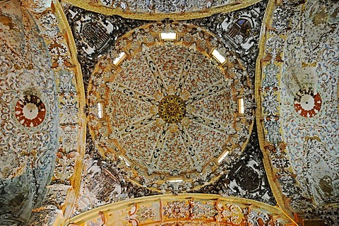 Vaulted ceiling, stucco, colorful decorations, ornaments, church of the former Cistercian monastery Santa Maria de la Vall Digna, Simat de la Vall Digna, Simat, Vall Digna, Gandia, Costa Blanca, Alicante province, Spain, Europe