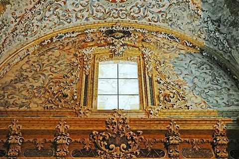 Marble window vaulted ceiling, stucco, colorful decorations, ornaments, church of the former Cistercian monastery Santa Maria de la Vall Digna, Simat de la Vall Digna, Simat, Vall Digna, Gandia, Costa Blanca, Alicante province, Spain, Europe