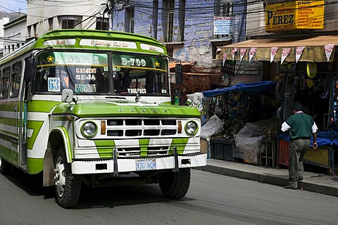 Vintage green Dodge bus in La Paz, Bolivia, South America