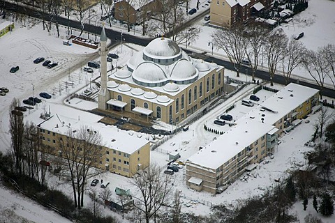 Aerial photo, DITIB Merkez Mosque Hamborn, snow, Duisburg, Ruhr, North Rhine-Westphalia, Germany, Europe