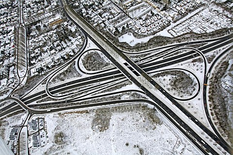 Aerial, A40, B236 highway, interchange, Stadtkrone-Ost industrial park in snow, Ruhrgebiet region, North Rhine-Westphalia, Germany, Europe