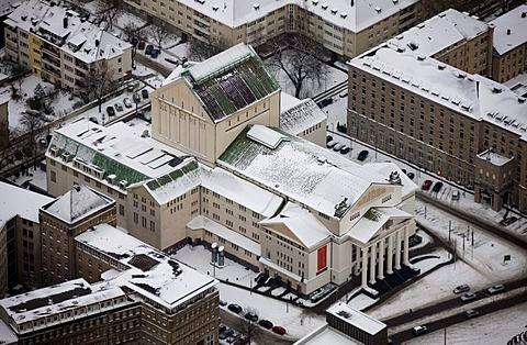 Aerial view, Stadttheater municipal theater in the snow, Duisburg, Ruhrgebiet region, North Rhine-Westphalia, Germany, Europe