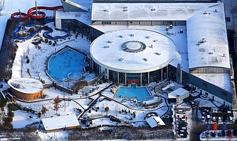 Aerial photo, Maximare adventure pool in the snow, Hamm, Ruhr Area, North Rhine-Westphalia, Germany, Europe