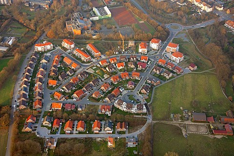 Aerial view, settlement, construction area Huels Hochfeldstrasse, Loentrop, Marl, Ruhrgebiet region, North Rhine-Westphalia, Germany, Europe