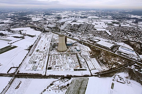 Aerial view, building freeze, EON Datteln 4 coal plant in the snow, Dortmund-Ems Canal, Datteln, Ruhrgebiet region, North Rhine-Westphalia, Germany, Europe