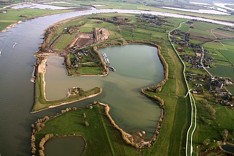 Aerial view, flood plain, Rees, Niederrhein region, North Rhine-Westphalia, Germany, Europe