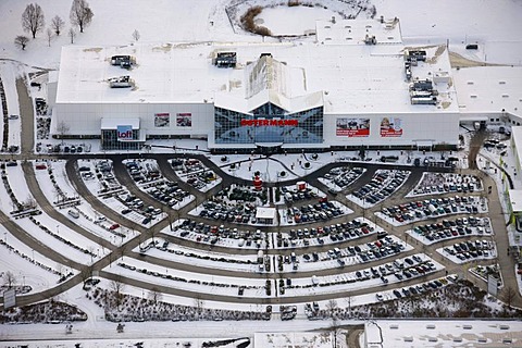 Aerial view, furniture store Ostermann, parking lot, snow, Witten, Ruhrgebiet region, North Rhine-Westphalia, Germany, Europe