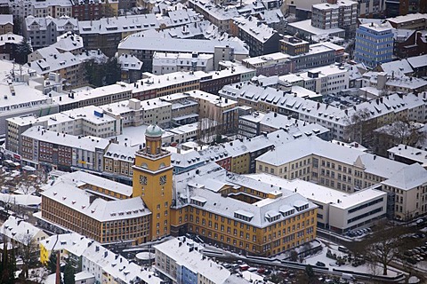 Aerial view, city hall in the snow, Witten, Ruhrgebiet region, North Rhine-Westphalia, Germany, Europe