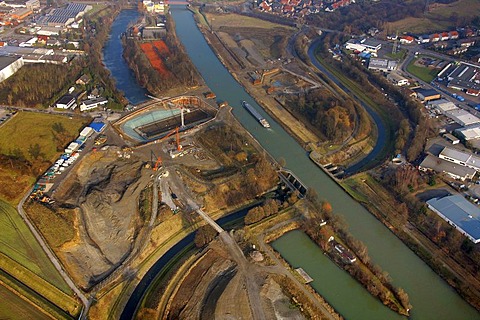 Aerial photo, Emscher River, Emscher Dueker, Henrichenburg, Rhine-Herne Canal, Castrop-Rauxel, Ruhr area, North Rhine-Westphalia, Germany, Europe