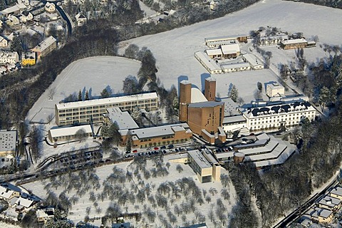 Aerial photo, Benedictine abbey in the snow in winter, Meschede, North Rhine-Westphalia, Germany, Europe