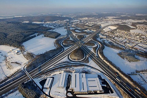 Aerial photo, highway intersection Olpe A4, A45, Sauerlandlinie, snow, winter, Wenden, North Rhine-Westphalia, Germany, Europe