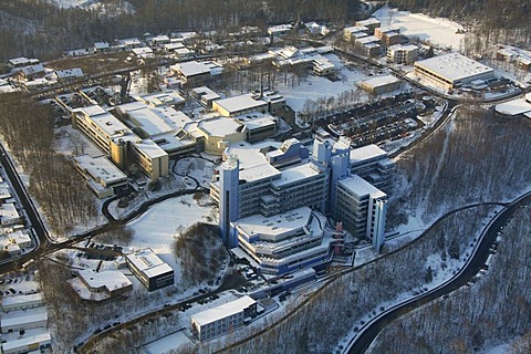 Aerial view, snow, comprehensive university Siegen, Siegen university, winter, Siegen, Sauerland area, North Rhine-Westphalia, Germany, Europe