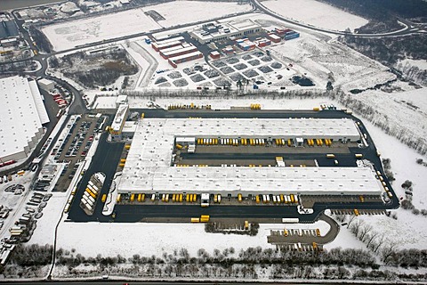 Aerial view, snow, DHL vehicle fleet, Hervest, Dorsten, Ruhrgebiet area, North Rhine-Westphalia, Germany, Europe