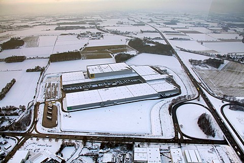 Aerial photo, Edeka logistics centre, Rhynern, snow-covered, Hamm, Ruhr area, North Rhine-Westphalia, Germany, Europe