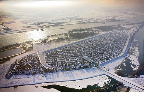 Aerial view, camping ground, winter camping, Carthusian Grav-Insel island, Wesel, North Rhine-Westphalia, Germany, Europe