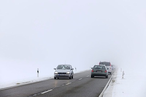 Road traffic in winter, Swabian Alb, Baden-Wuerttemberg, Germany, Europe