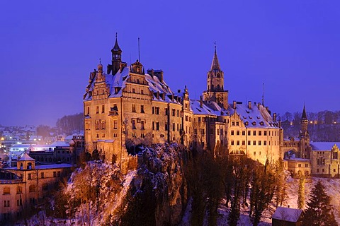 Sigmaringen Castle in winter at dusk, Baden-Wuerttemberg, Germany, Europe