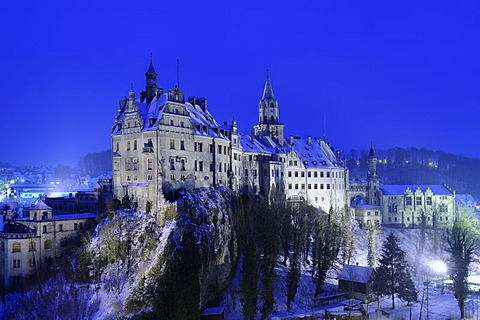 Sigmaringen Castle in winter at dusk, Baden-Wuerttemberg, Germany, Europe