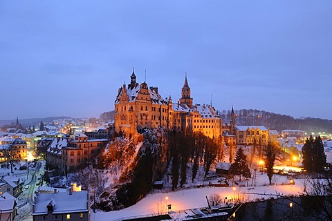 Sigmaringen Castle in winter at dusk, Baden-Wuerttemberg, Germany, Europe