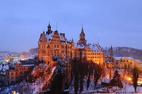 Sigmaringen Castle in winter at dusk, Baden-Wuerttemberg, Germany, Europe