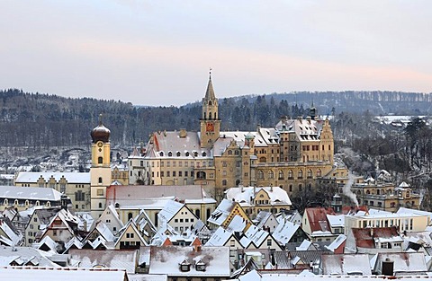 Schloss Sigmaringen castle in winter in the morning, Sigmaringen, Baden-Wuerttemberg, Germany, Europe