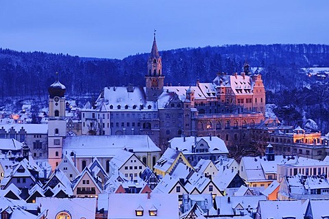 Schloss Sigmaringen castle in winter in the evening, Sigmaringen, Baden-Wuerttemberg, Germany, Europe