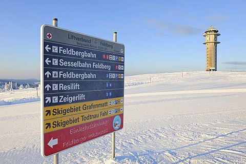 Sign with Feldbergturm Tower on Mt Feldberg, southern Black Forest, Baden-Wuerttemberg, Germany, Europe