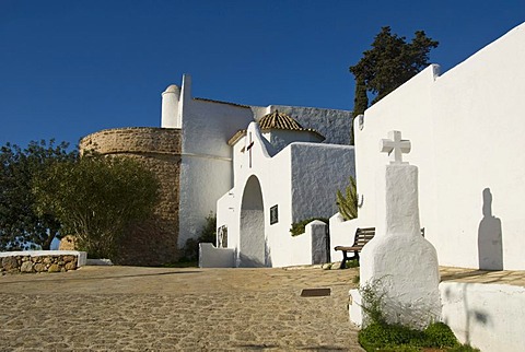 Side view of the Puig de Missa church, Santa Eulalia, Ibiza, Spain, Europe