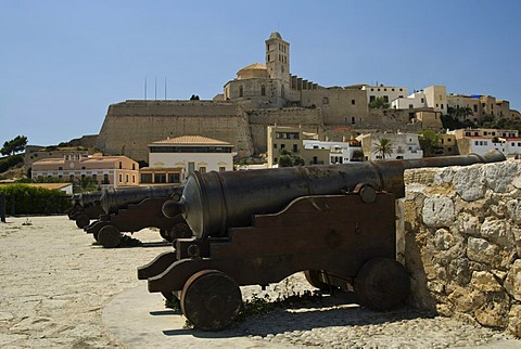 Cathedral of Ibiza as seen from the Santa Lucia bulwark, Ibiza, Spain, Europe