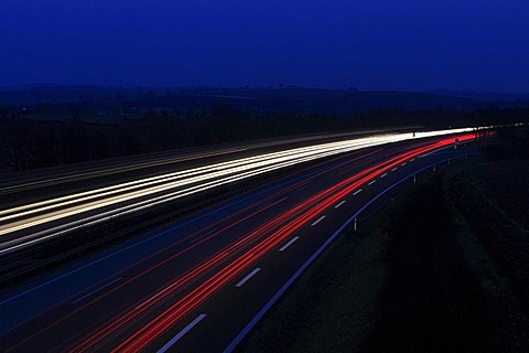 Lighttrails, A6 motorway at Bretzfeld, Baden-Wuerttemberg, Germany, Europe