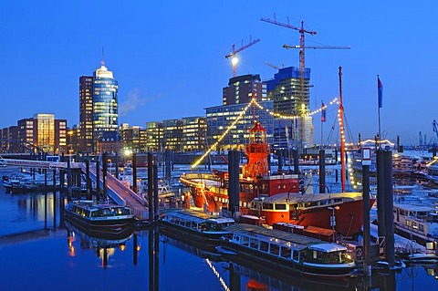 The lightship at the marina in the Hamburg harbor, in the back the HTC Hanseatic Trade Center, Hamburg, Germany, Europe