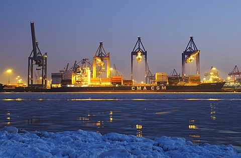 A container ship is unloaded in the port of Hamburg, Burchardkai terminal, Hamburg, Germany, Europe