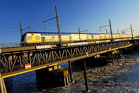 Oberhafenbruecke Bridge and rail in the Hafencity of Hamburg, Germany, Europe