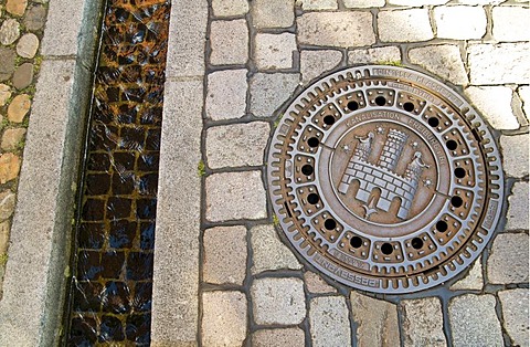 Manhole cover with Freiburg coat of arms and Freiburger Baechle brook, Freiburg, Baden-Wuerttemberg, Germany, Europe