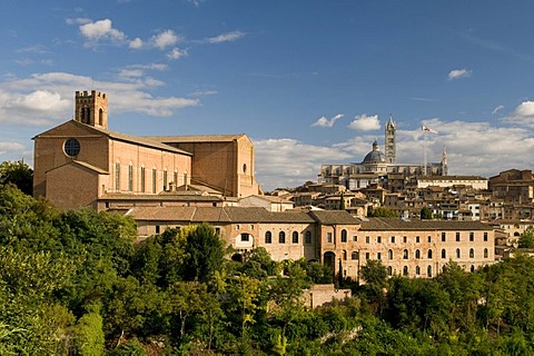 View of city with San Domenico brick basilica and Duomo Santa Maria Assunta Cathedral, Siena, Unesco World Heritage Site, Tuscany, Italy, Europe