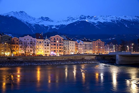 Mariahilf district on the Inn riverside, dusk, Karwendel Mountains, provincial capital Innsbruck, Tyrol, Austria, Europe