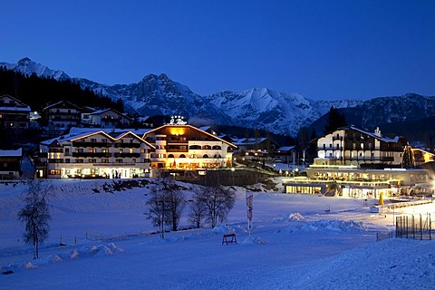 Townscape at twilight, Seefeld, Wetterstein Range, Tyrol, Austria, Europe