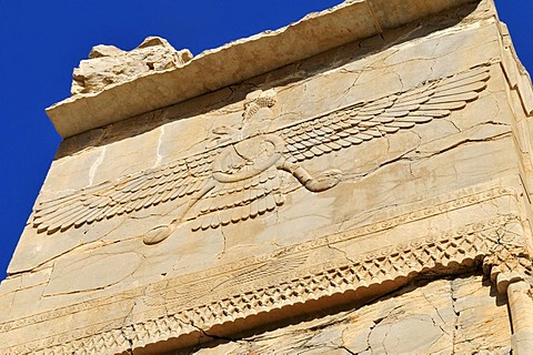 Bas-relief with Zoroastrian god Ahuramazda at the Achaemenid archeological site of Persepolis, UNESCO World Heritage Site, Persia, Iran, Asia